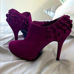 Rouge Magenta Frilled Heel Suede Booties